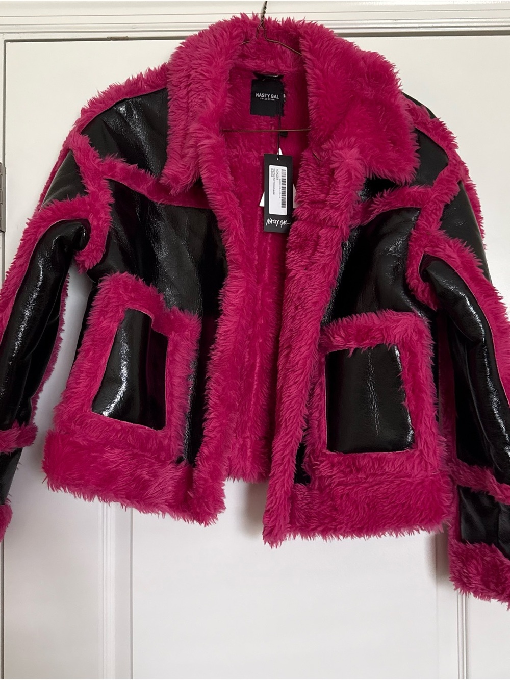 Nasty Gal Hot Pink Faux Fur Trim Black Patent Jacket